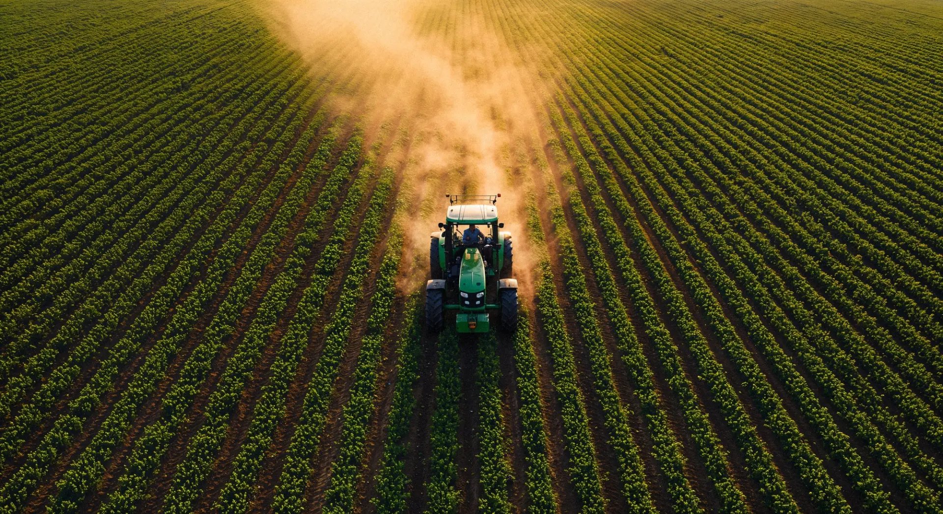 Produtor em trator cultivando lavoura ao entardecer